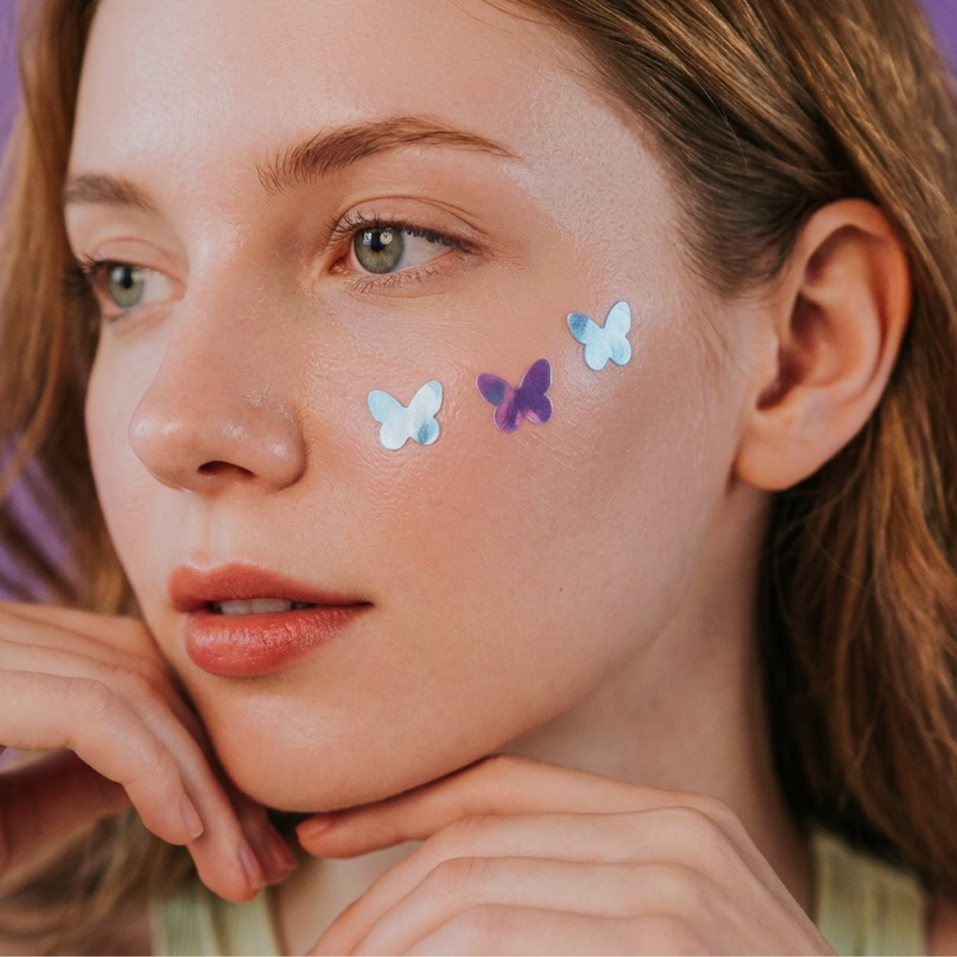 A close-up of a woman's face with three small butterfly stickers on her cheek.