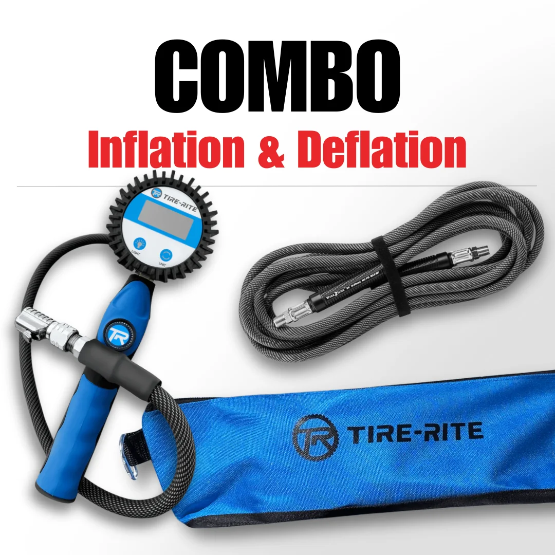 An Onboard Air Install Kit with a digital tire inflator, mounting bracket, hose, and blue Tire-Rite bag.