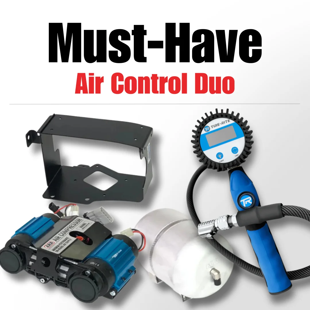 A complete onboard air system kit including a compressor, digital gauge, hose, bracket, and deflators.