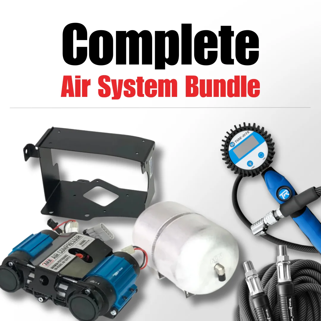 A Tire-Rite onboard air upgrade kit including a digital gauge, hose, four small tools, and a carrying bag.