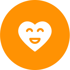 White smiling heart icon on an orange circle background.