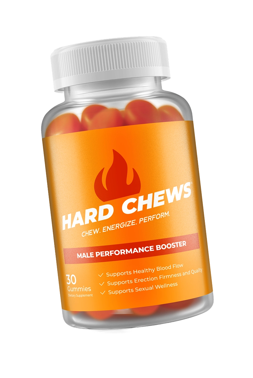 A bottle of orange-labeled gummies labeled 'Hard Chews' with text about male performance booster.