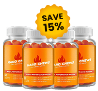Three bottles of Hard Chews male performance booster with a free offer label.