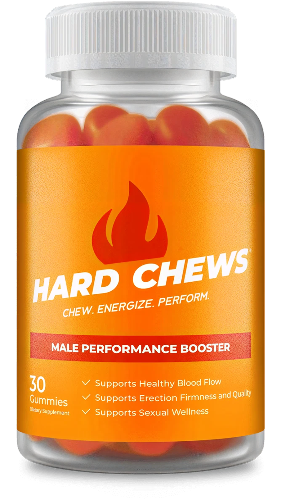 Bottle of orange gummies labeled 'Hard Chews' for male performance.