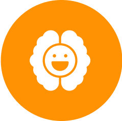 Smiling face with brain illustration inside an orange circle.
