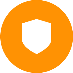 White shield icon on an orange circle background.