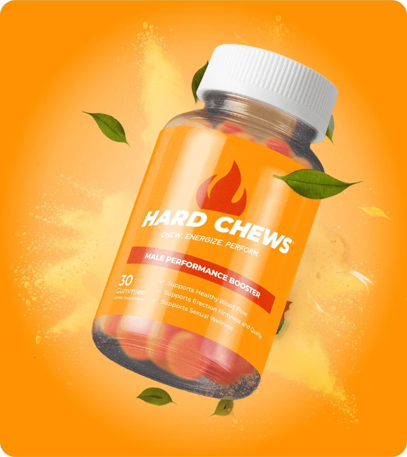 Orange bottle labeled 'Hard Chews' with floating green leaves on an orange background.