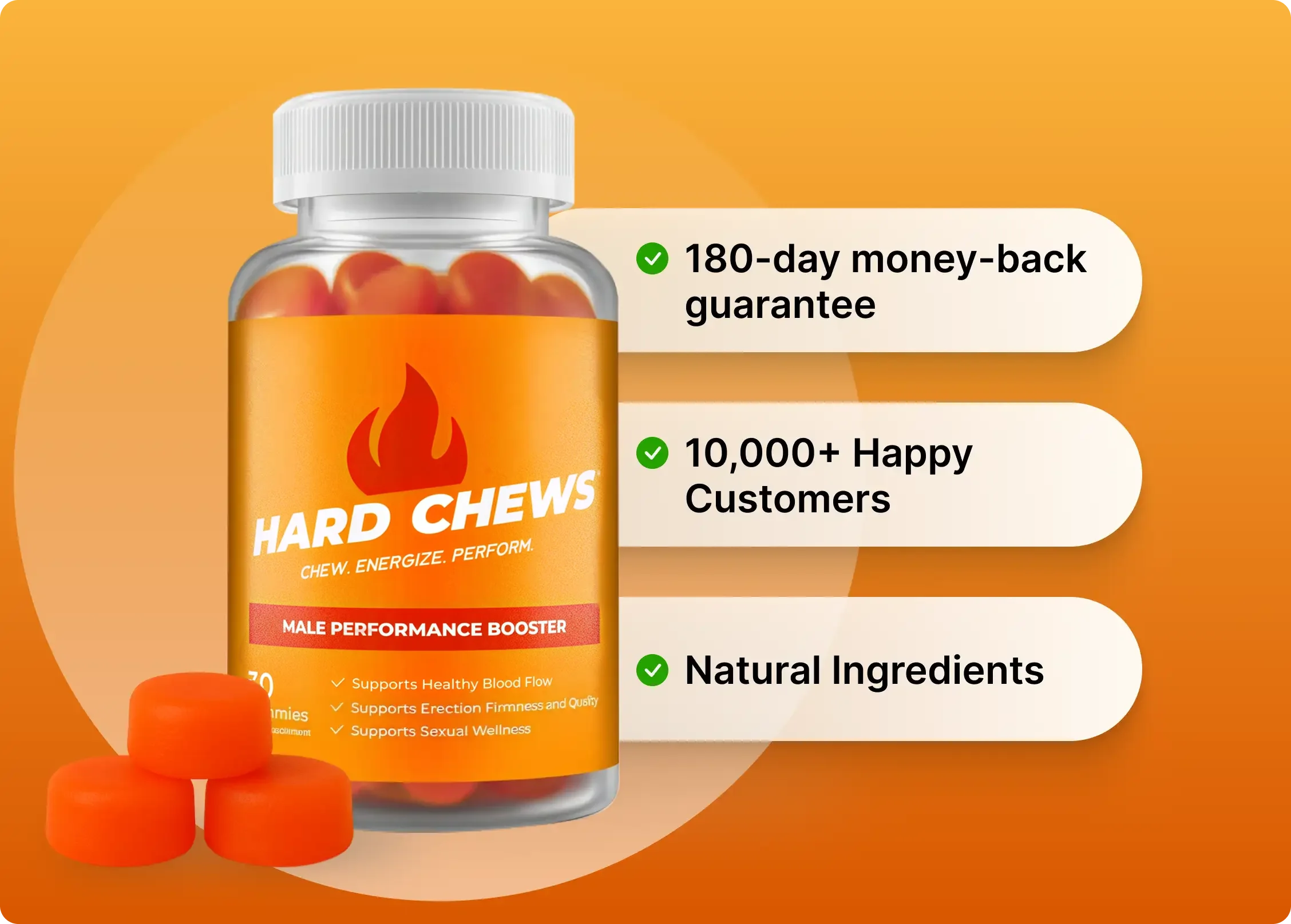 Bottle of 'Hard Chews' with product claims on an orange background.