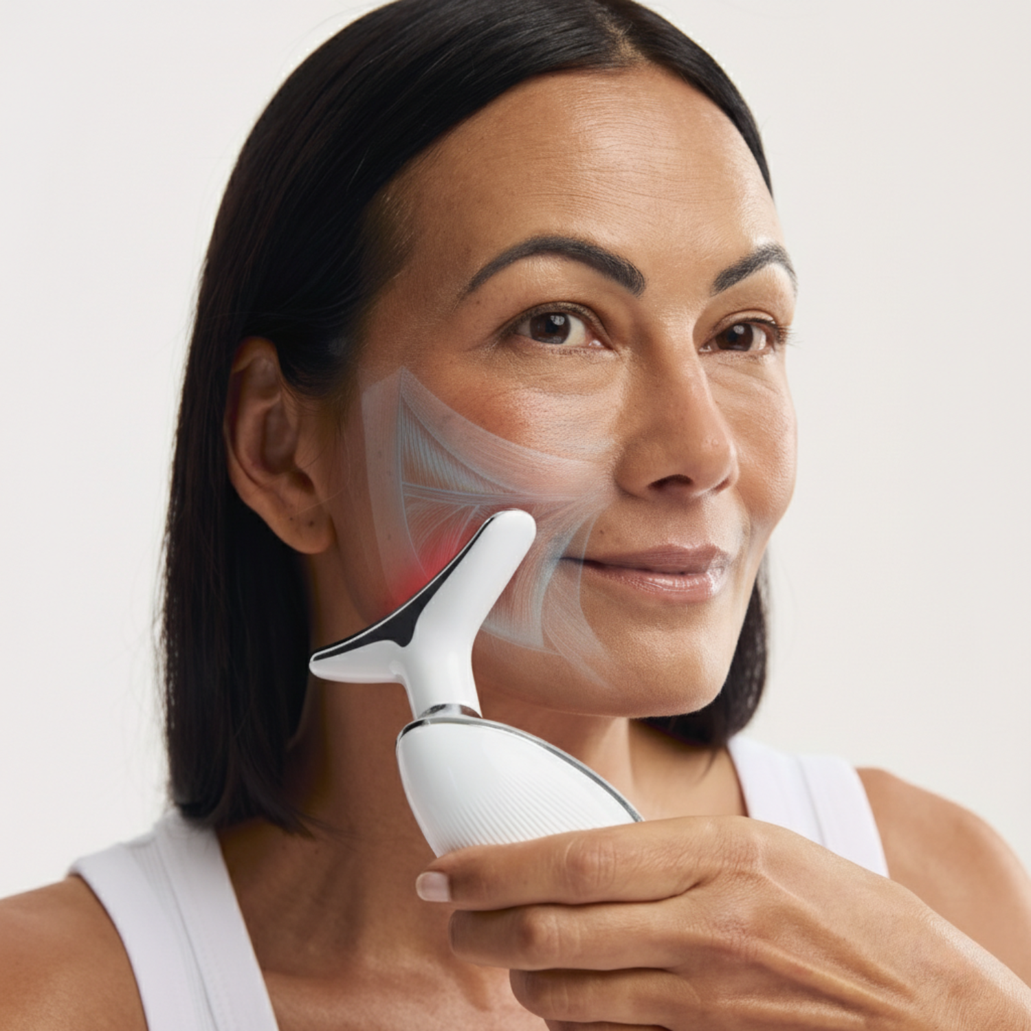 A woman uses a white facial toning device on her cheek, with a graphic illustrating its effects.