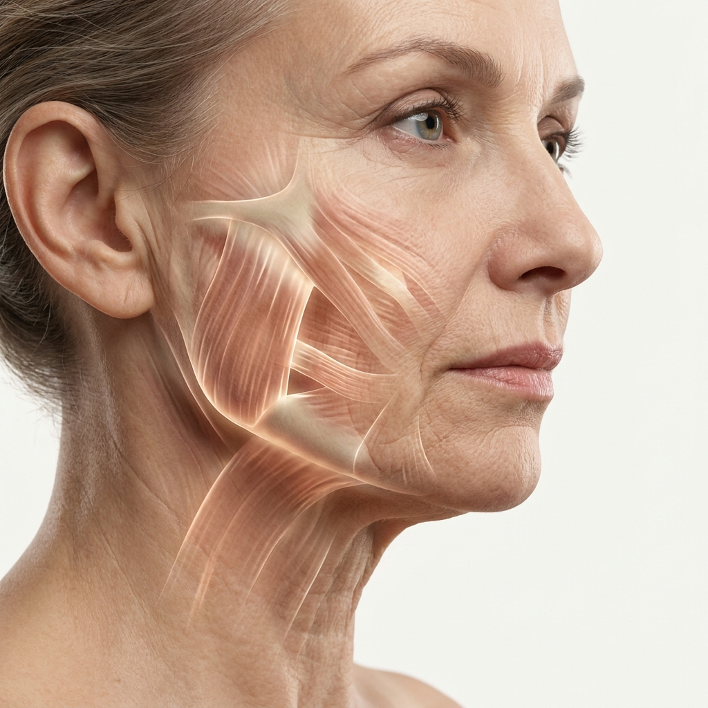 Anatomical illustration of jaw and neck muscles overlaid on a profile of a mature woman's face.