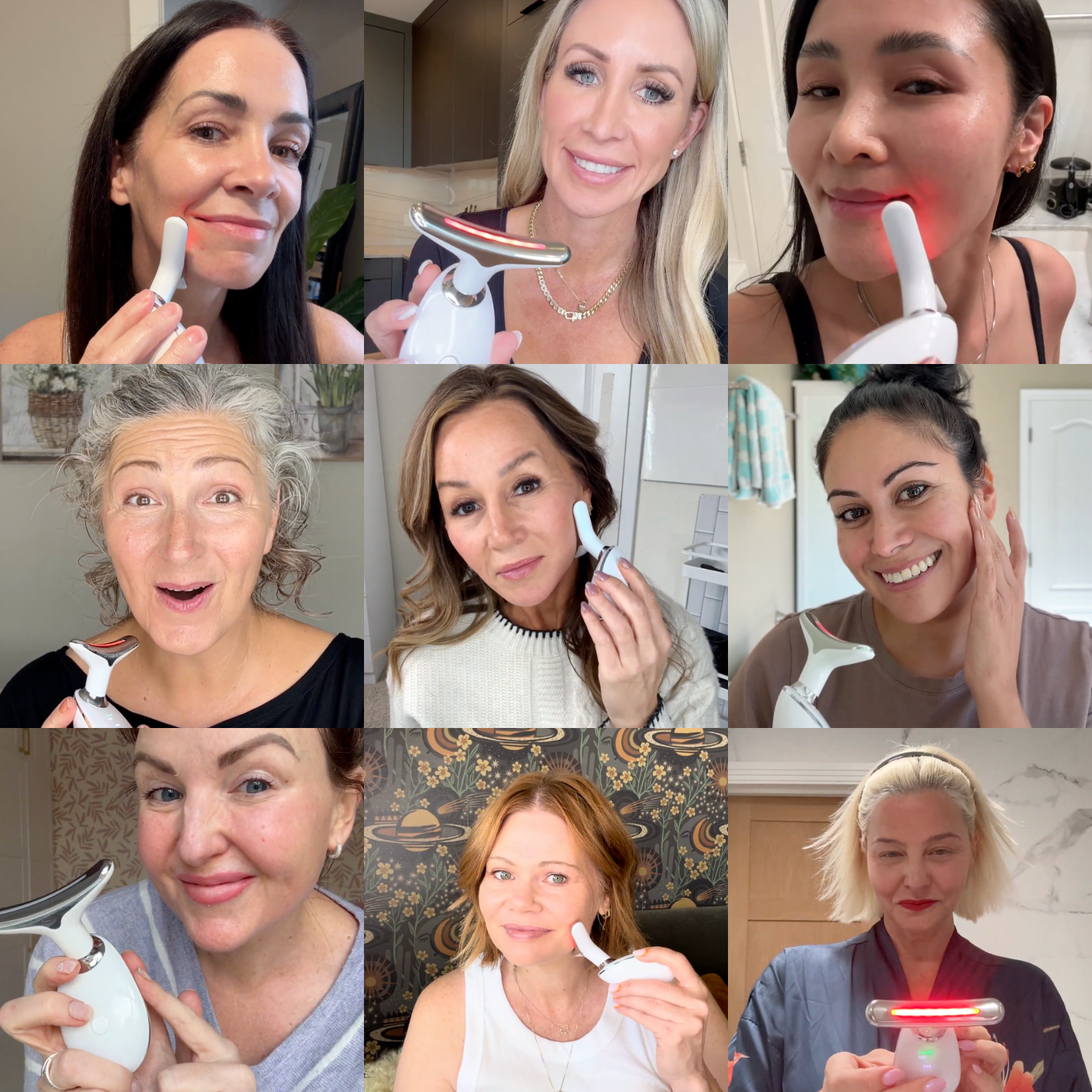 A collage of nine different women using a handheld skincare device on their faces, some with red light.