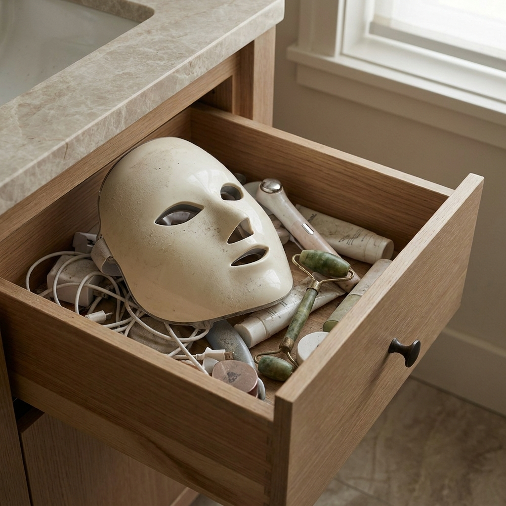 An open wooden vanity drawer filled with skincare tools, including an LED therapy mask and a jade roller.