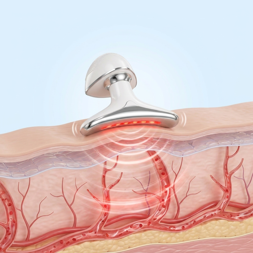 An illustration showing a red light therapy device being used on a cross-section of skin.
