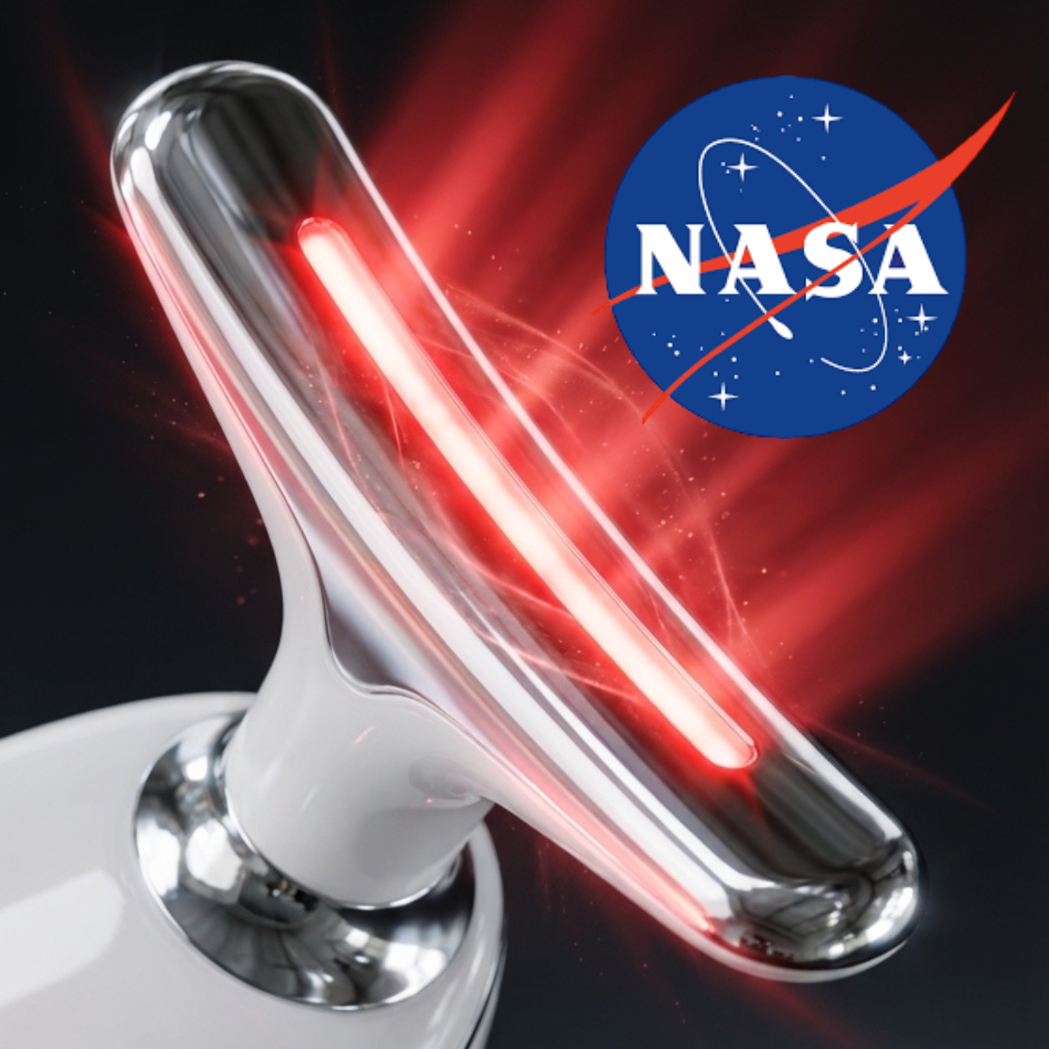 A chrome and white handheld device emitting red light, with the NASA logo in the background.