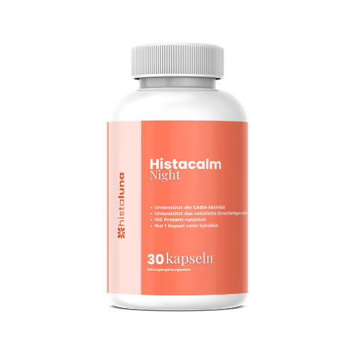 White bottle with orange label, text 'Histacalm Night', 30 capsules.