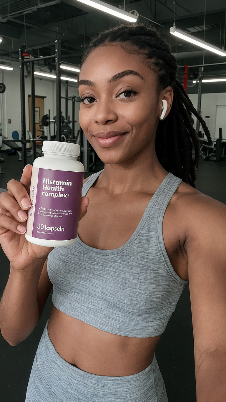 Person in gym holding a bottle labeled 'Histamin Health Complex+'.