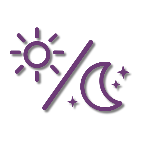 Purple sun and moon icon with stars, divided by a diagonal line.