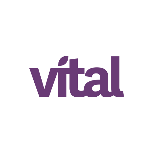 Purple text logo reading 'vital' on a black background.