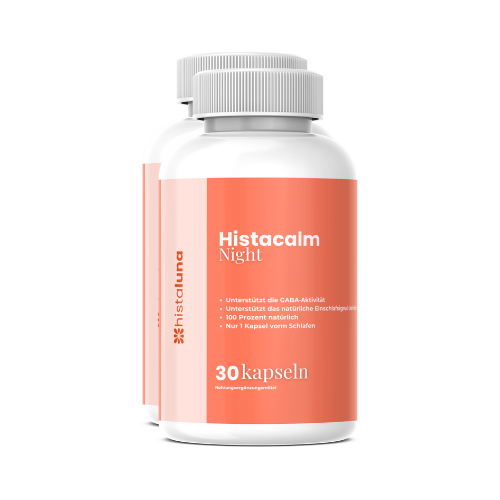 Two white bottles with orange labels displaying 'Histacalm Night' and product details.