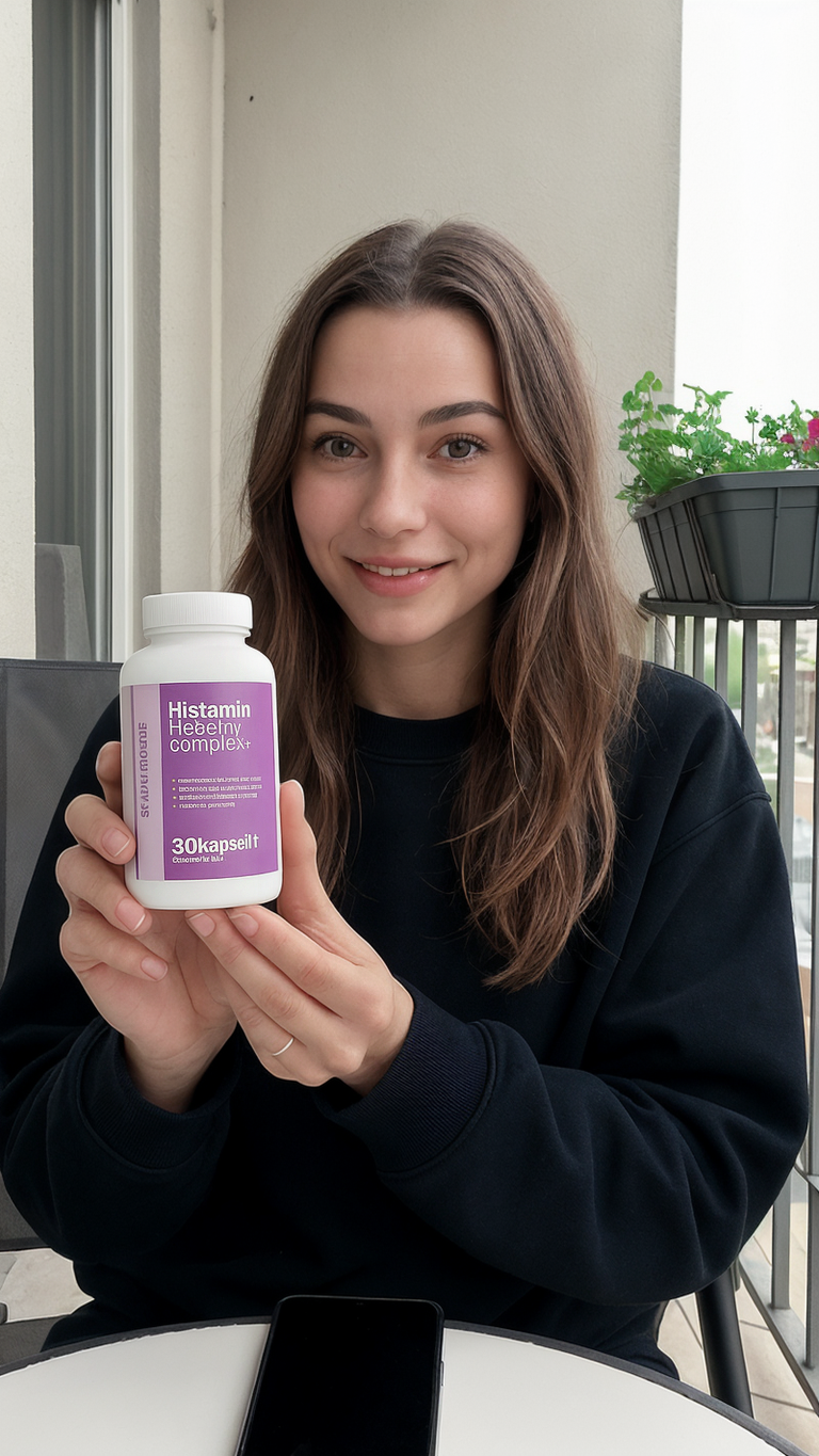 Person holding a bottle labeled 'Histamin Healthy Complex+' on a balcony.