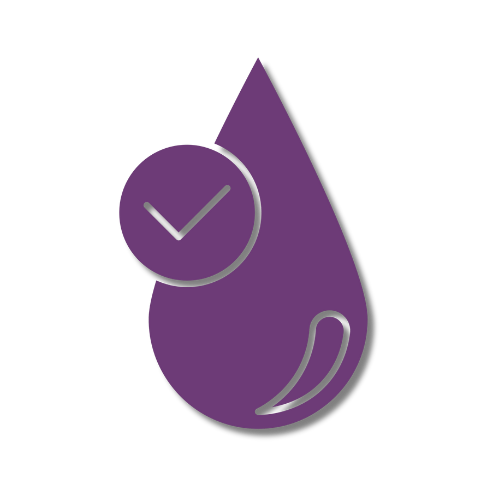 Purple droplet icon with a checkmark inside.