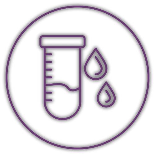 Purple outline of a test tube and two droplets inside a circle on a black background.