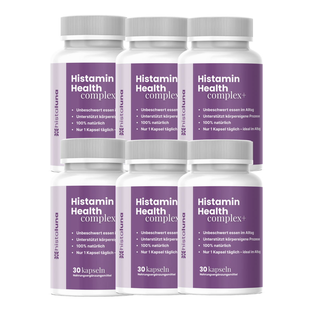A six-pack of white supplement bottles with purple labels for Histamin Health Complex from Histaluna.