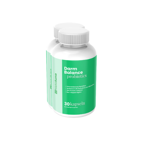 Two bottles of Darm Balance probiotics with green labels.