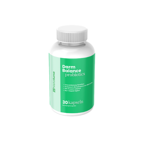 A white bottle labeled 'Darm Balance probiotics' with a green label and 30 capsules.