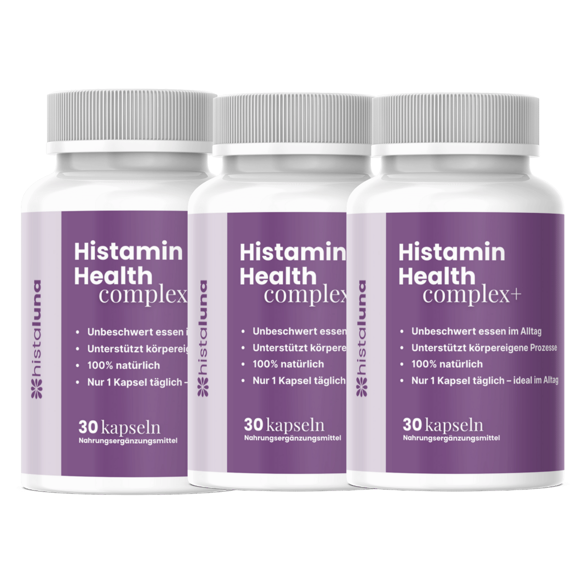 Three bottles of Histamin Health complex supplements in a row.