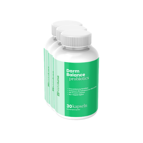 Three bottles of Darm Balance probiotics with green labels.