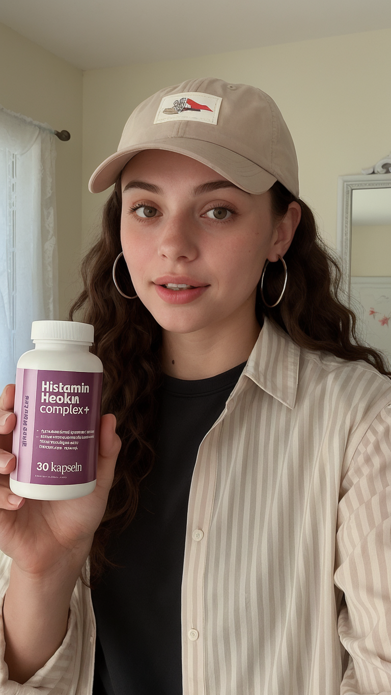 Person holding a bottle labeled 'Histamin Heok In Complex+' in a room.