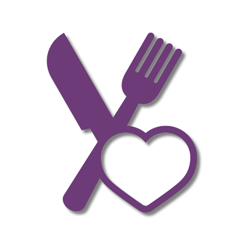 Purple knife and fork crossed with a heart shape.