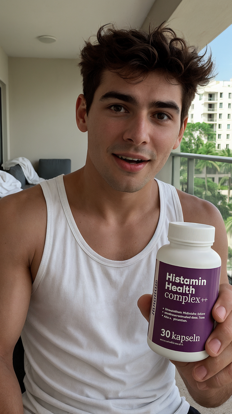 Person holding a bottle labeled 'Histamin Health complex++' on a balcony.
