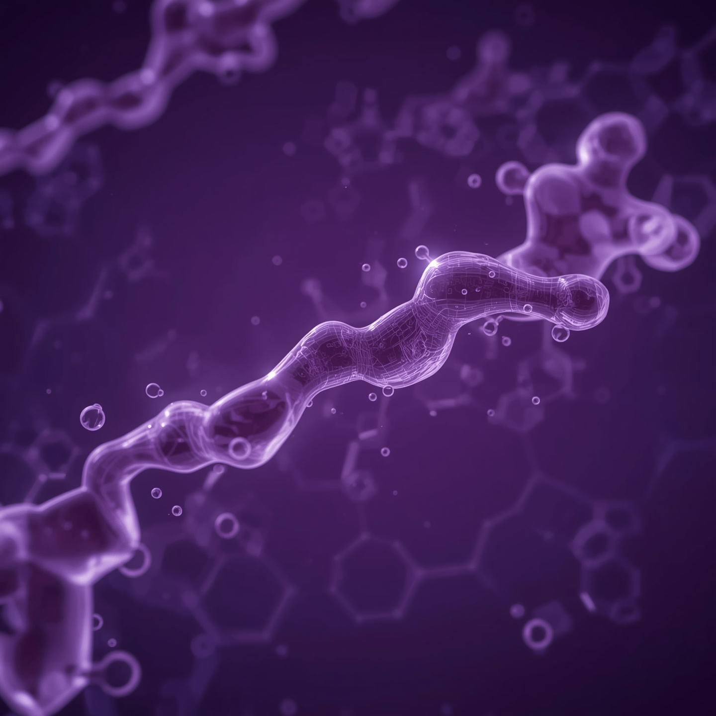 Abstract purple molecular structure with hexagonal patterns and bubbles.