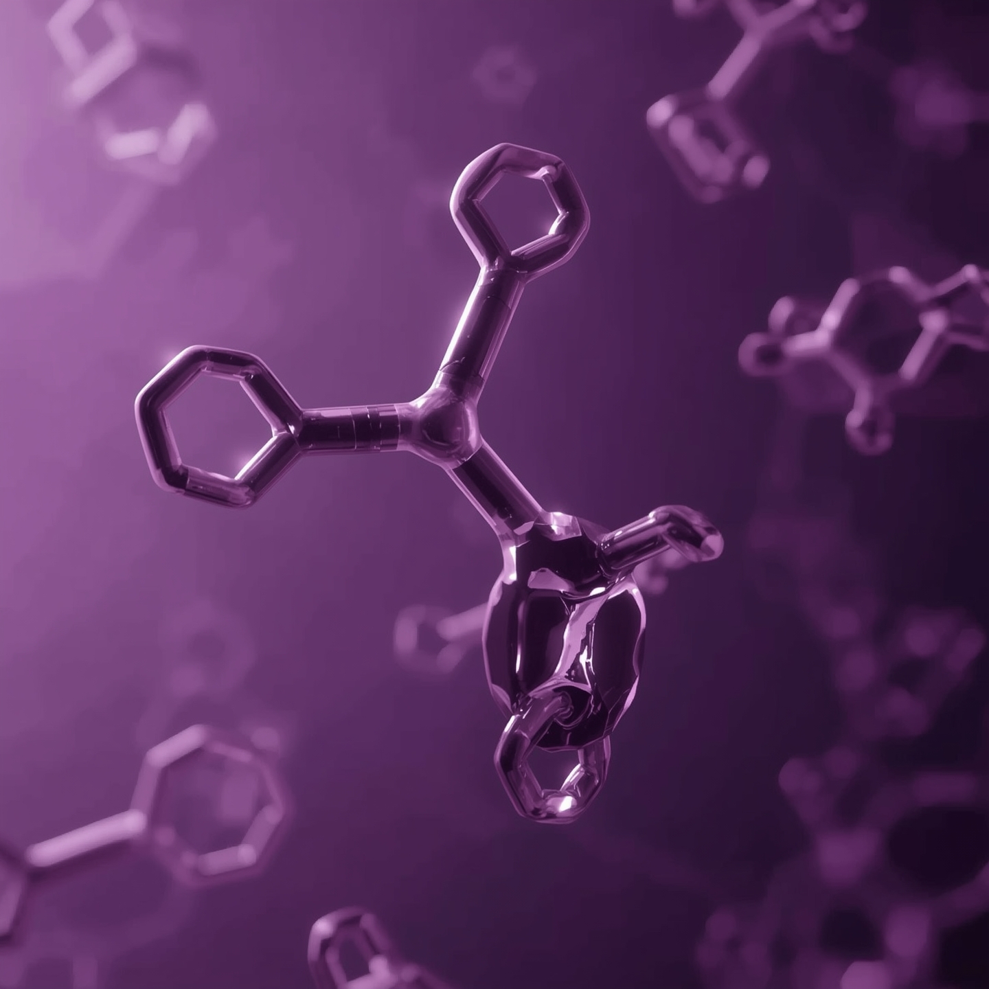 Purple abstract molecular structure with hexagonal shapes.