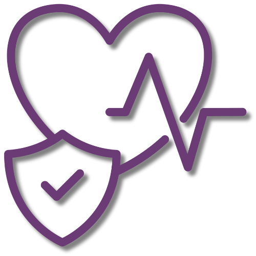 Purple heart with heartbeat line and shield icon.