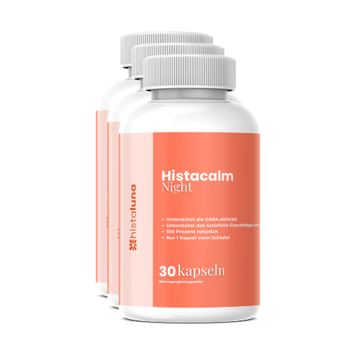 Three bottles of Histacalm Night dietary supplement with orange labels.