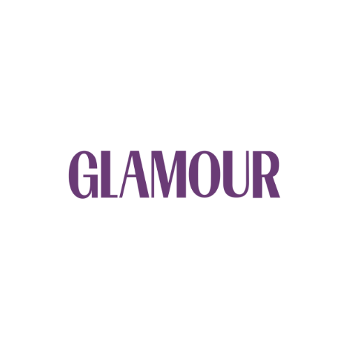 Purple text 'GLAMOUR' on a white background.