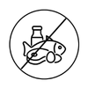 A line drawing icon of common food allergens, fish, eggs, and milk, crossed out in a circle.