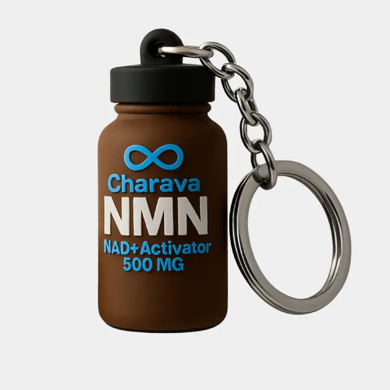 A keychain with a charm shaped like a small brown bottle labeled Charava NMN.