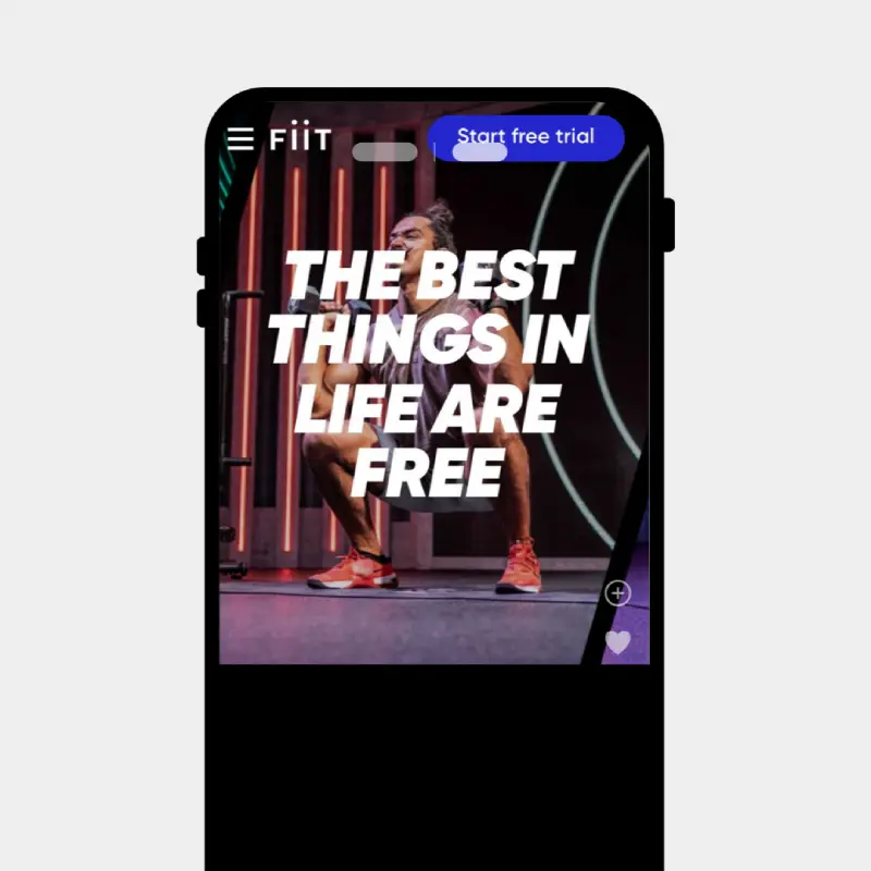 A phone displaying the FIIT app, showing a man exercising under text 'The Best Things in Life Are Free'.