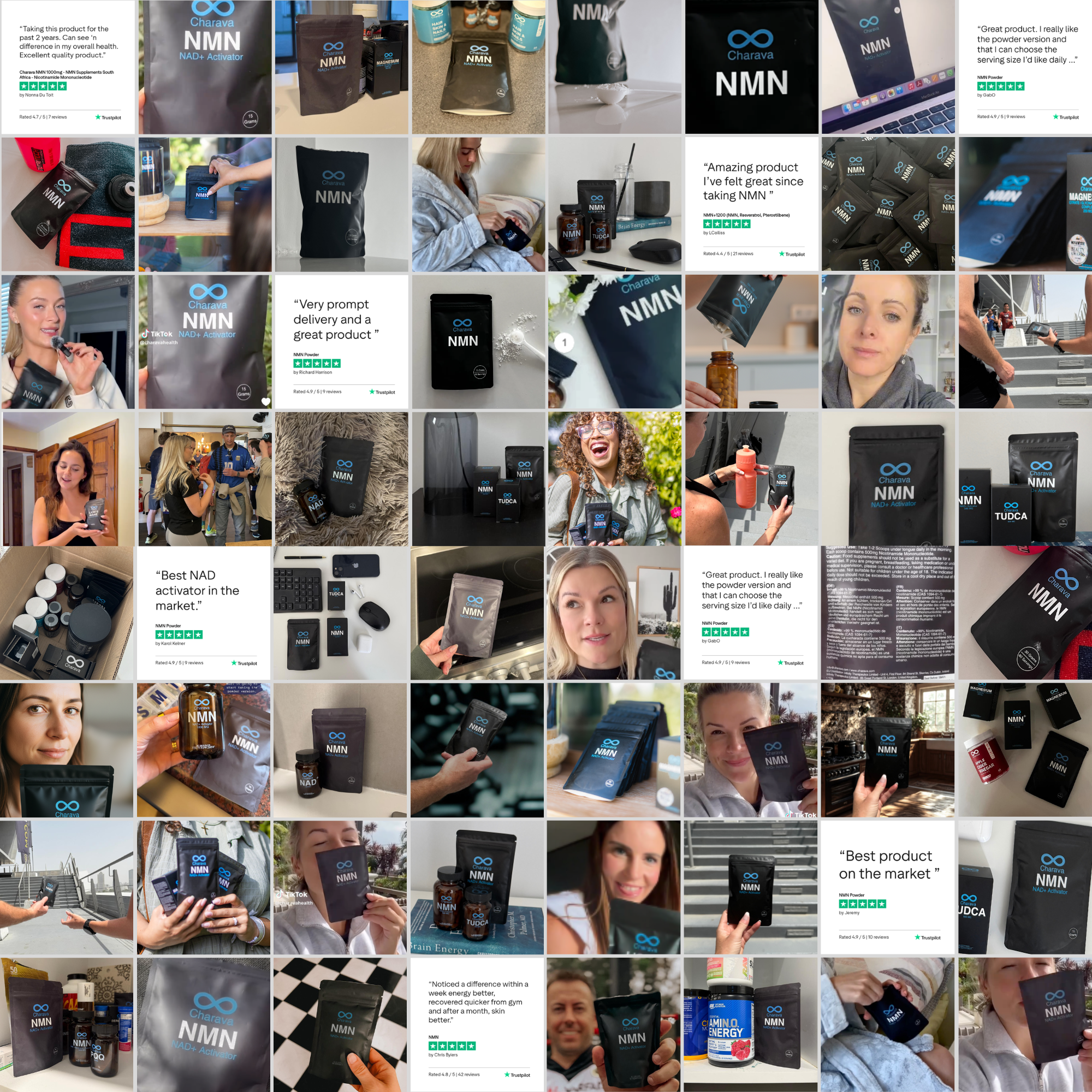 A photo collage showing many people holding and using Charava NMN supplement products, interspersed with positive customer reviews.