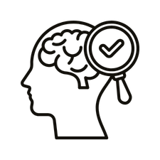 A line drawing of a head profile showing a brain, with a magnifying glass and checkmark over it.