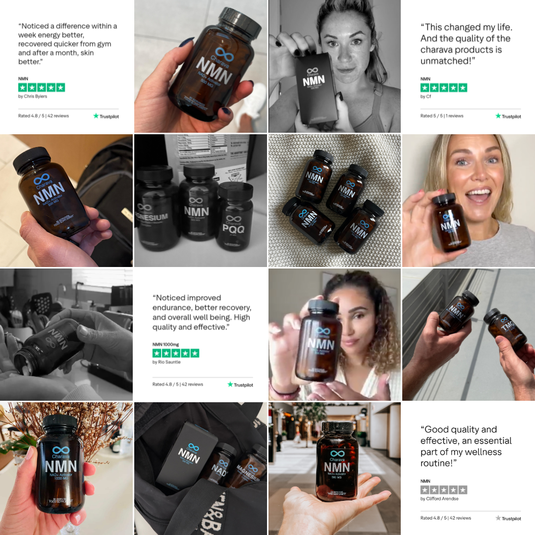 A collage of photos showing people holding NMN supplement bottles, alongside positive customer reviews.