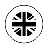 A black and white circular icon featuring a stylized Union Jack.