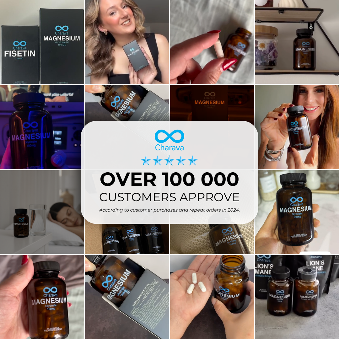 A photo collage showing various people holding and using Charava brand magnesium and other supplements.