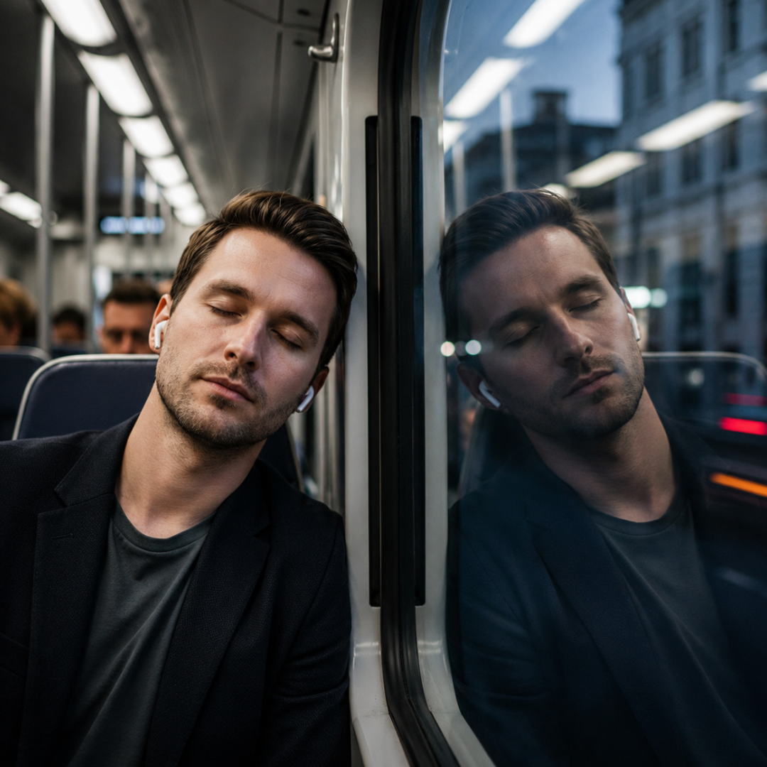 A man wearing wireless earbuds sleeps on a train, his head resting against the window.