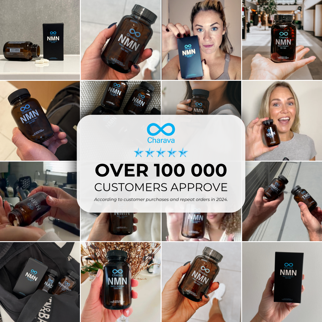 A photo collage of people holding Charava NMN supplement bottles, with text claiming over 100,000 customers approve.