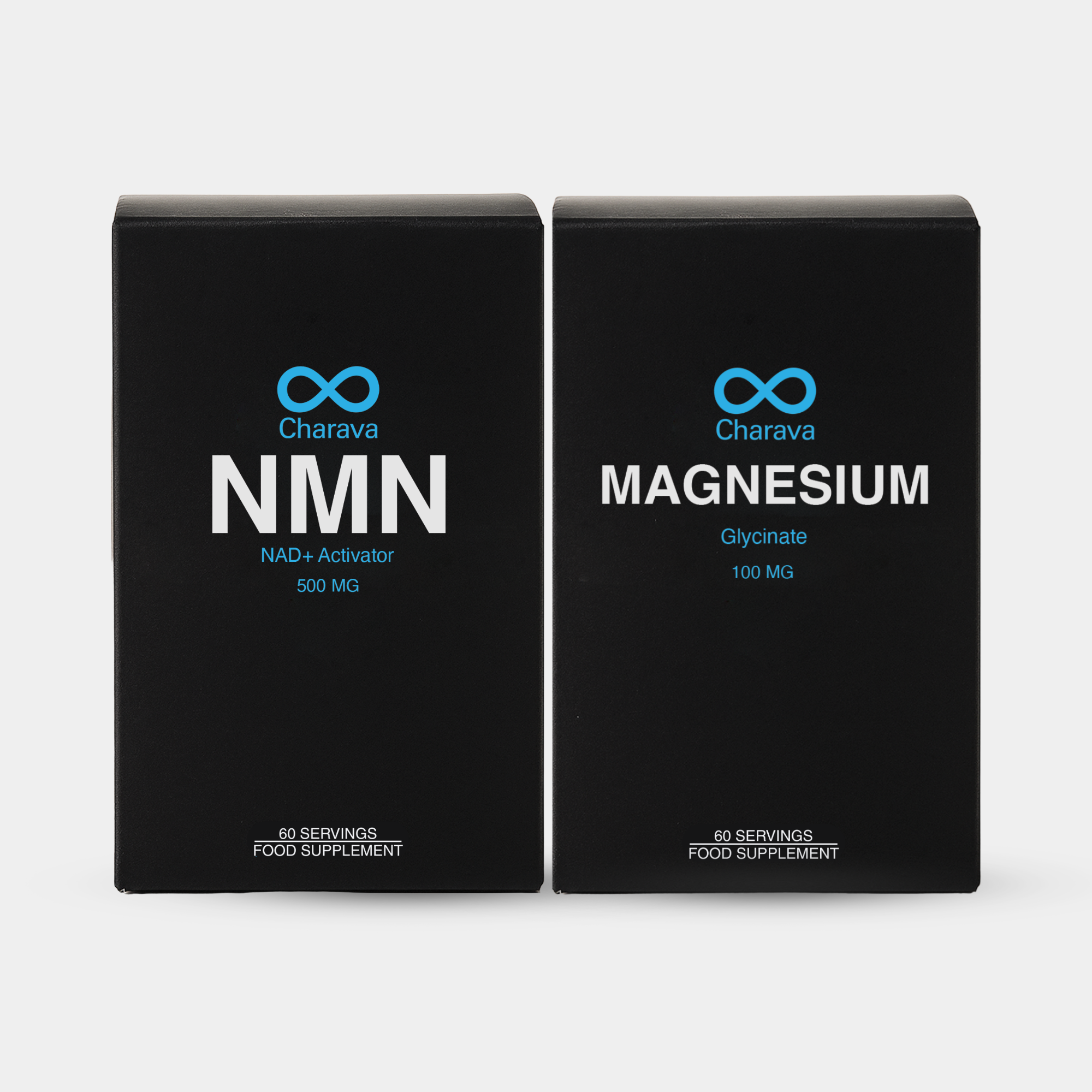 Two black boxes of Charava brand food supplements, NMN and Magnesium, standing side-by-side on a light background.